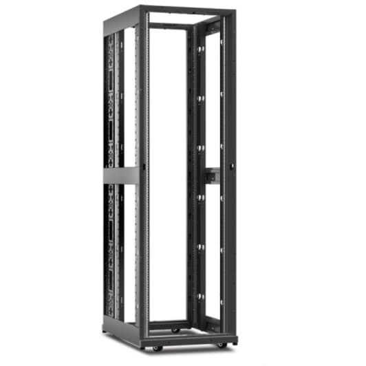 Black 42 U Schneider Electric NetShelter AV enclosure with 600 mm width, 825 mm depth, and open-frame threaded rails