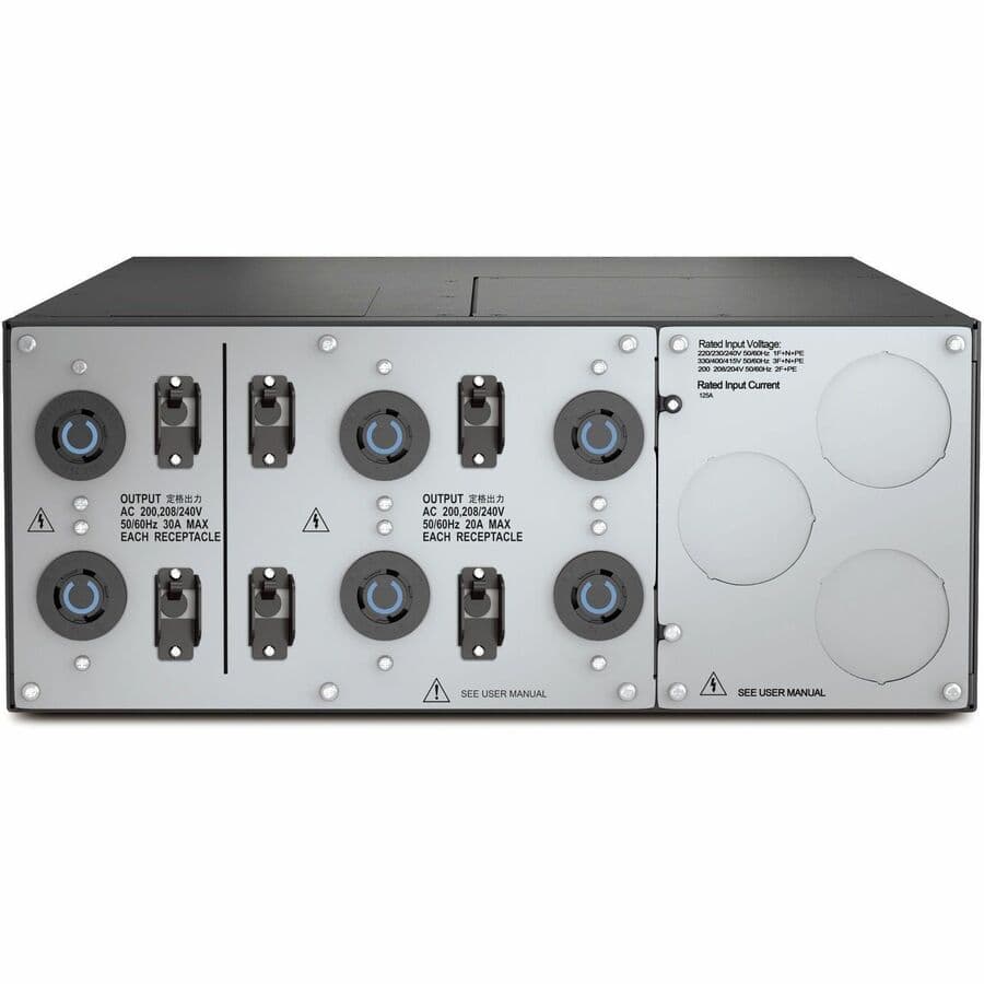 APC rack-mount service bypass panel with hardwire input and L6-30R and L6-20R outlets