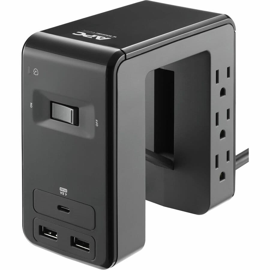 APC PE6U21 desk mount surge protector with 6 outlets, 1 USB port, and U-shape design