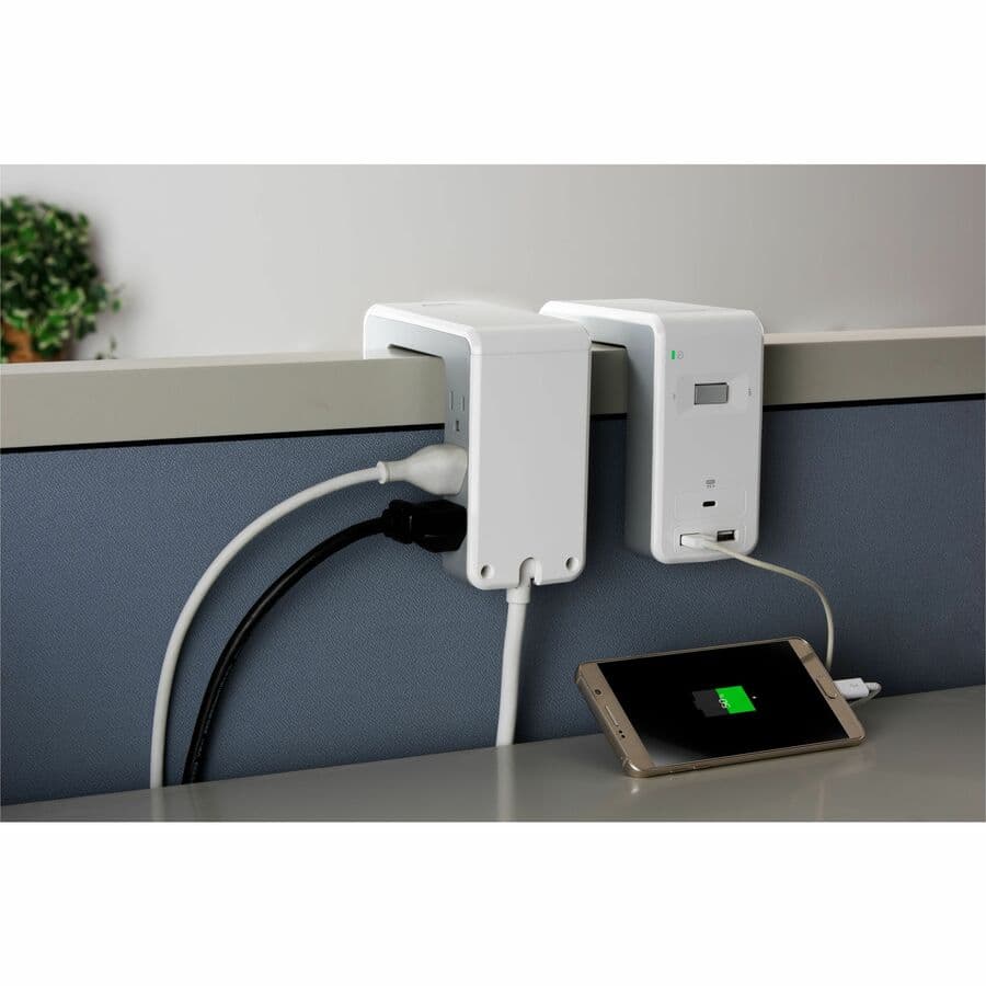 APC PE6U21W desk-mount surge protector with 6 outlets, 1 USB port, and U-shape design