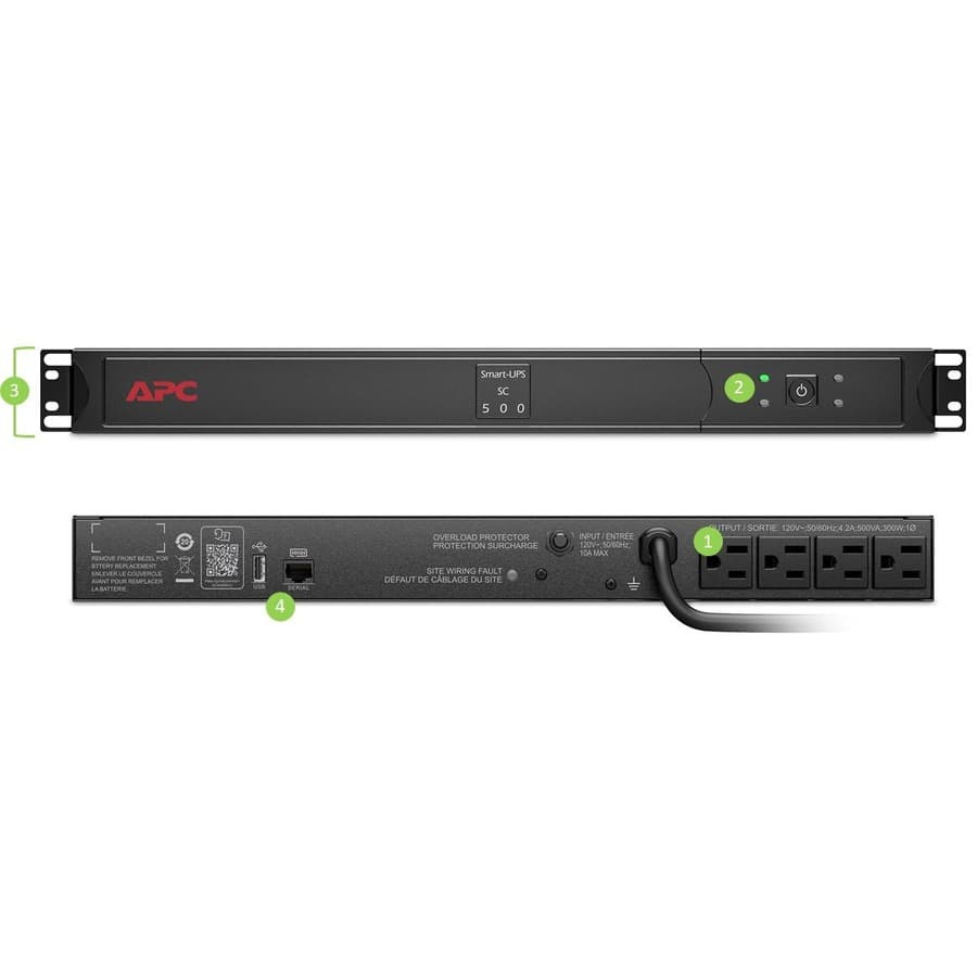APC Smart-UPS SC 500VA 120V 1U rackmount UPS with USB and 4 NEMA 5-15R outlets