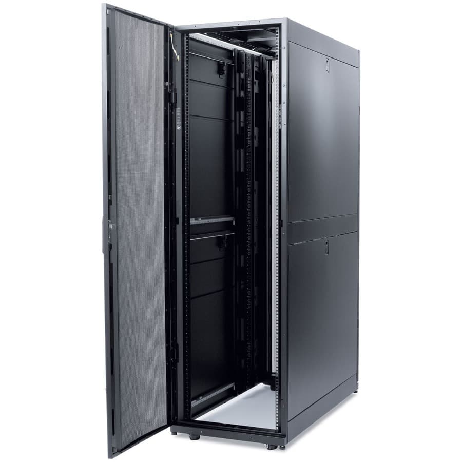 Black APC NetShelter SX 42U rack enclosure with roof and side panels for enterprise IT equipment