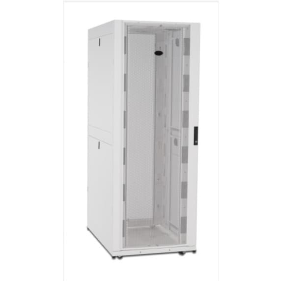 White APC NetShelter SX 42U floor-standing rack enclosure with side panels, 750 mm wide and 1,200 mm deep