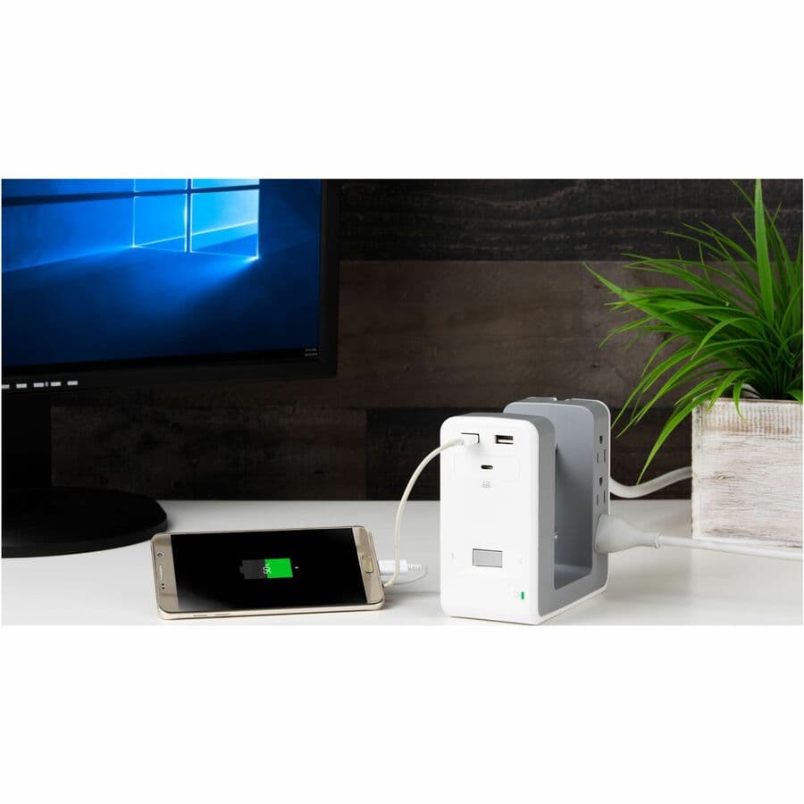 APC PE6U21W desk-mount surge protector with 6 outlets, 1 USB port, and U-shape design