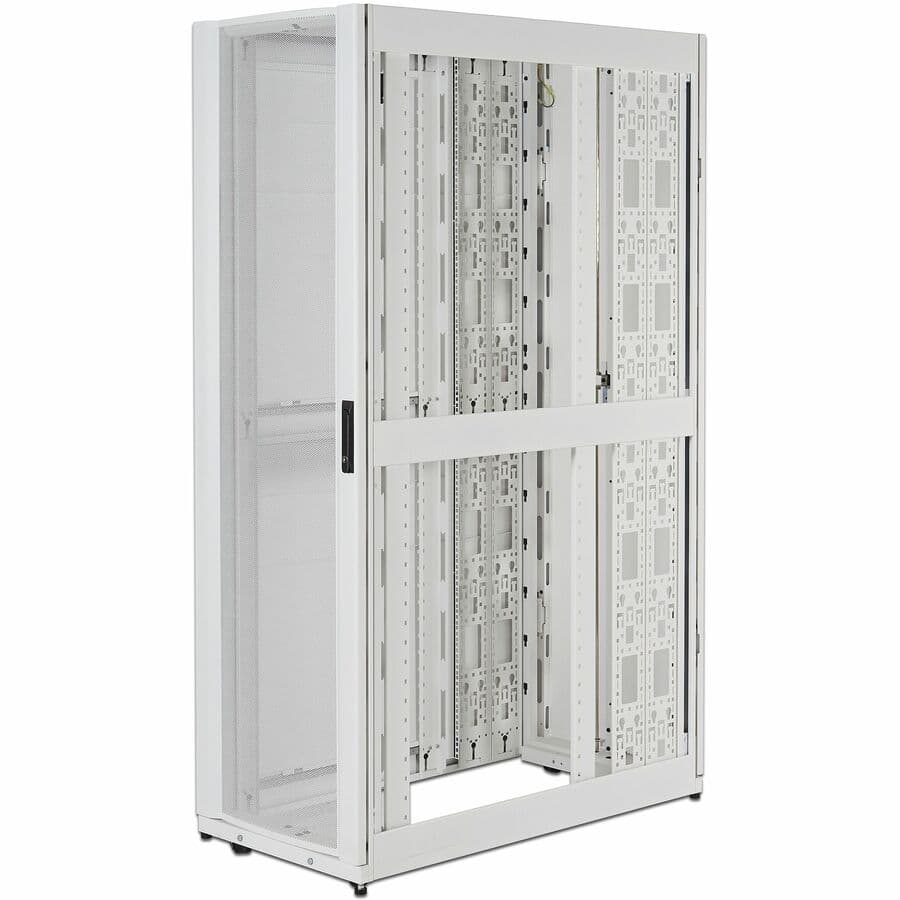 White APC NetShelter SX 42U floor-standing rack enclosure with side panels and keyed-alike doors