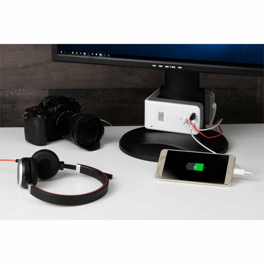 APC PE6U21W desk-mount surge protector with 6 outlets, 1 USB port, and U-shape design