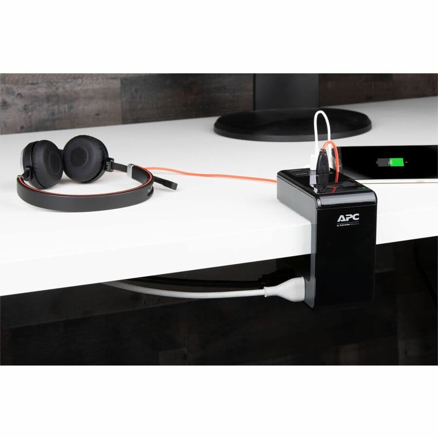 APC PE6U4 desk-mount surge protector with 6 U-shape outlets and 4 USB charging ports