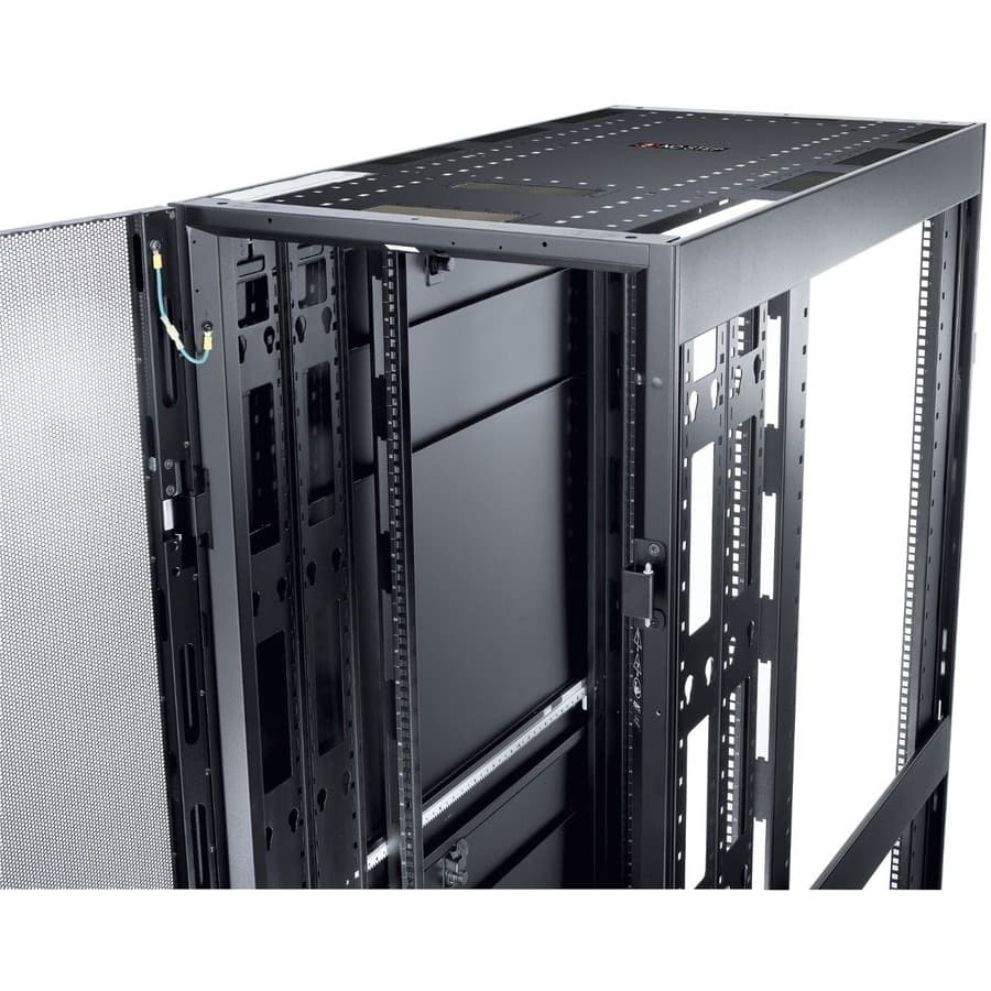 Black APC NetShelter SX 42U rack enclosure with roof and side panels for enterprise IT equipment
