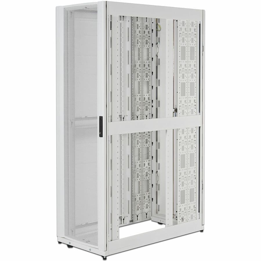 White APC NetShelter SX 42U floor-standing rack enclosure with side panels, 750 mm wide and 1,200 mm deep