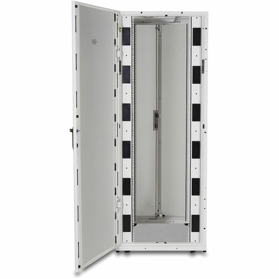 White APC NetShelter SX 42U floor-standing rack enclosure with side panels and keyed-alike doors