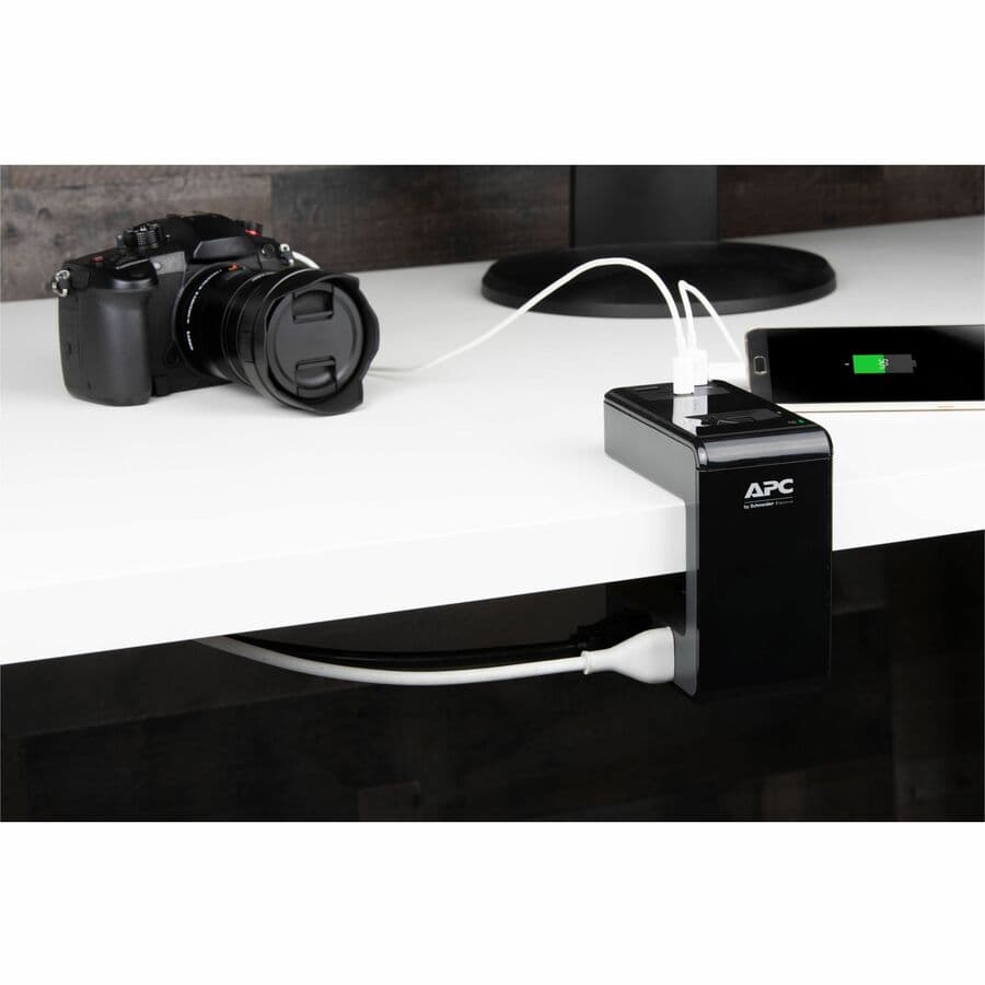 APC PE6U21 desk mount surge protector with 6 outlets, 1 USB port, and U-shape design