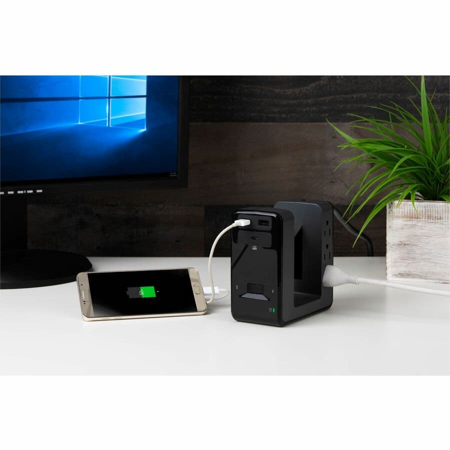 APC PE6U21 desk mount surge protector with 6 outlets, 1 USB port, and U-shape design