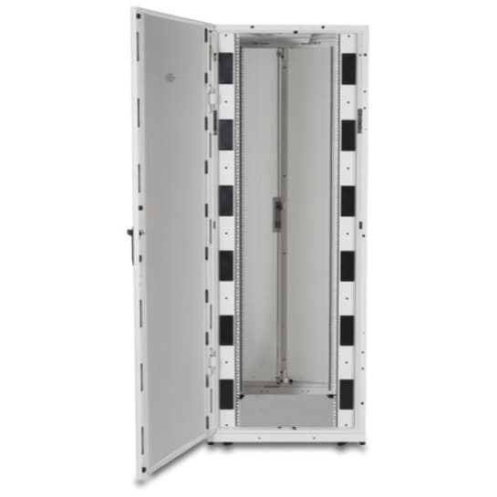 White APC NetShelter SX 42U floor-standing rack enclosure with side panels, 750 mm wide and 1,200 mm deep