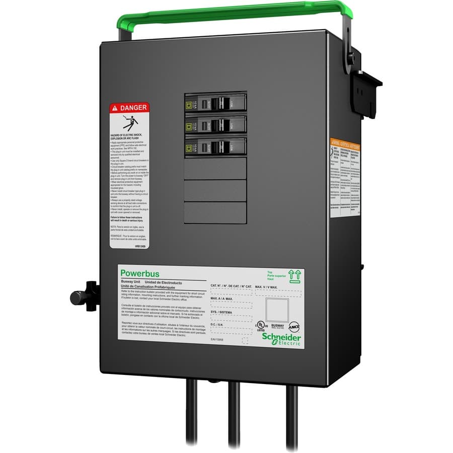 APC Schneider Electric 20 A busway tap-off unit with three drop cords in 3 ft, 5 ft, and 7 ft lengths