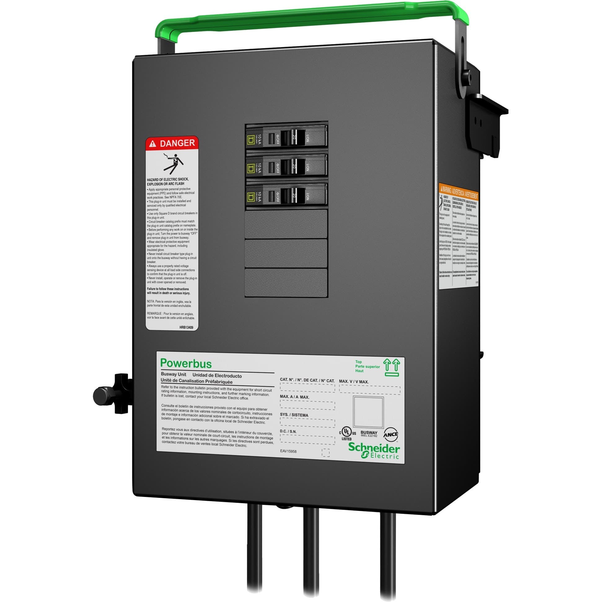 APC Schneider Electric 20 A busway tap-off unit with three drop cords in 3 ft, 5 ft, and 7 ft lengths