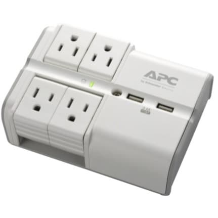 APC PE4WRU3 wall-mount surge protector with 4 rotating outlets and 2 USB charging ports