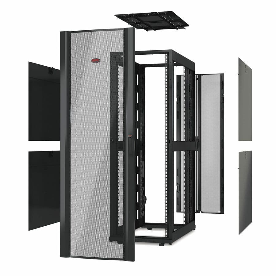 Black APC NetShelter SX 42U floor-standing rack enclosure without side panels