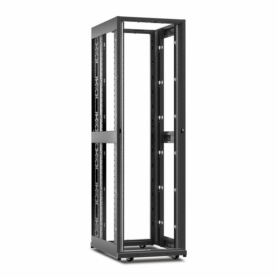 Black 42 U Schneider Electric NetShelter AV enclosure with 600 mm width, 825 mm depth, and open-frame threaded rails