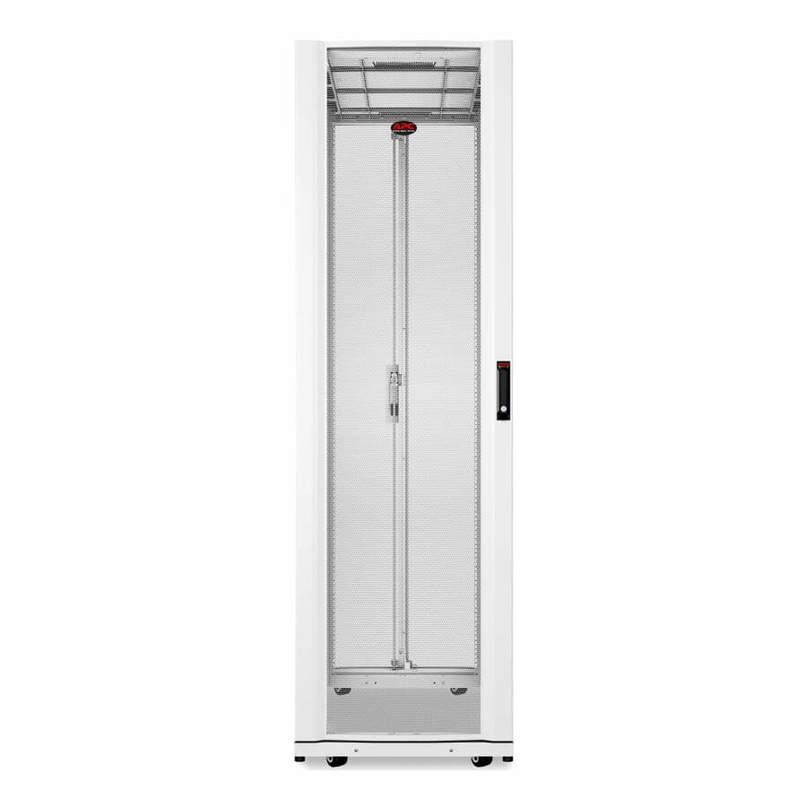White APC NetShelter SX 42U floor-standing rack enclosure with side panels, 750 mm wide and 1,200 mm deep