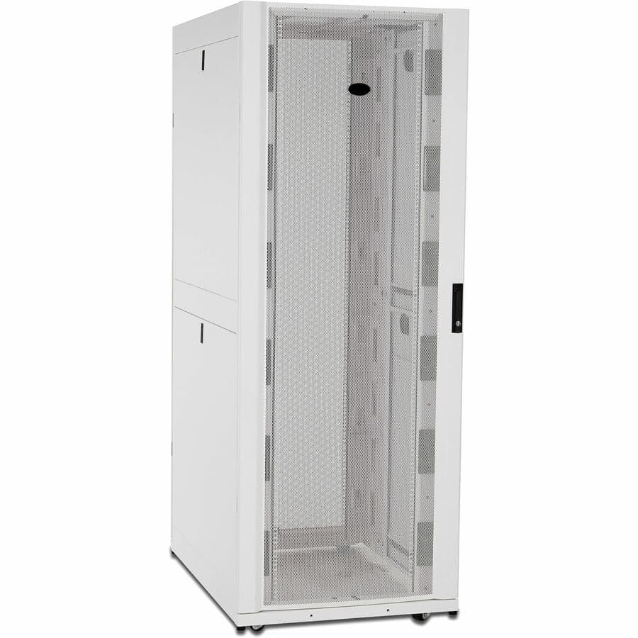 White APC NetShelter SX 42U floor-standing rack enclosure with side panels and keyed-alike doors