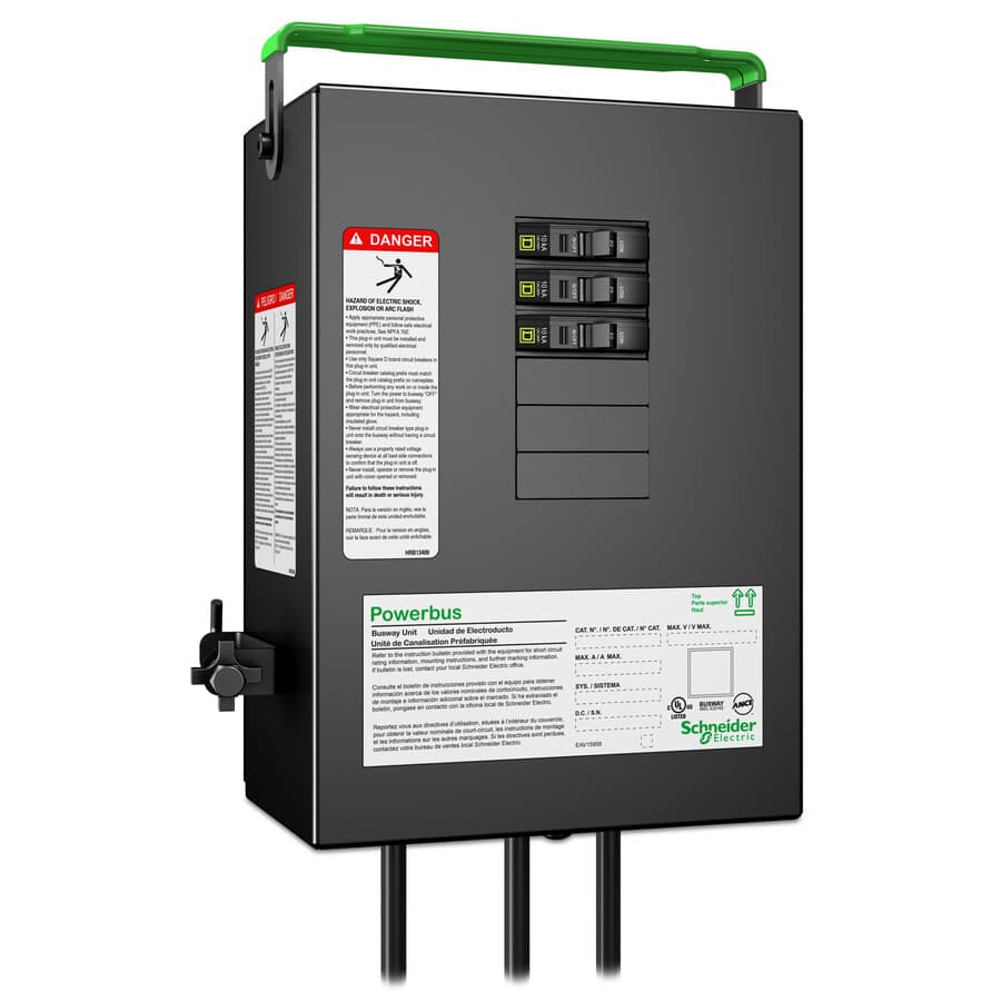 APC Schneider Electric 20 A busway tap-off unit with three drop cords in 3 ft, 5 ft, and 7 ft lengths