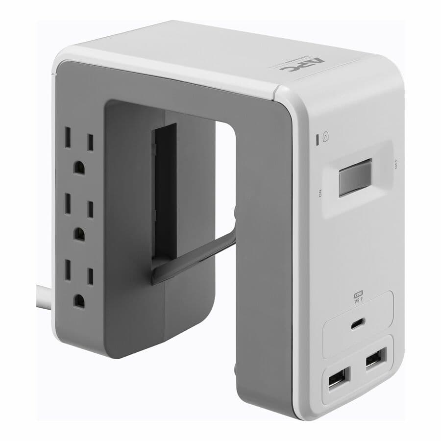 APC PE6U21W desk-mount surge protector with 6 outlets, 1 USB port, and U-shape design