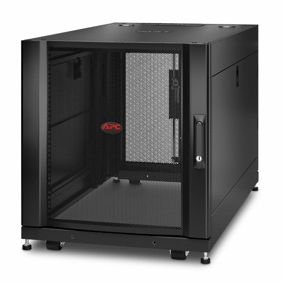 Black APC NetShelter SX 12U floor-standing server rack enclosure with side panels, 600 mm wide and 1,070 mm deep