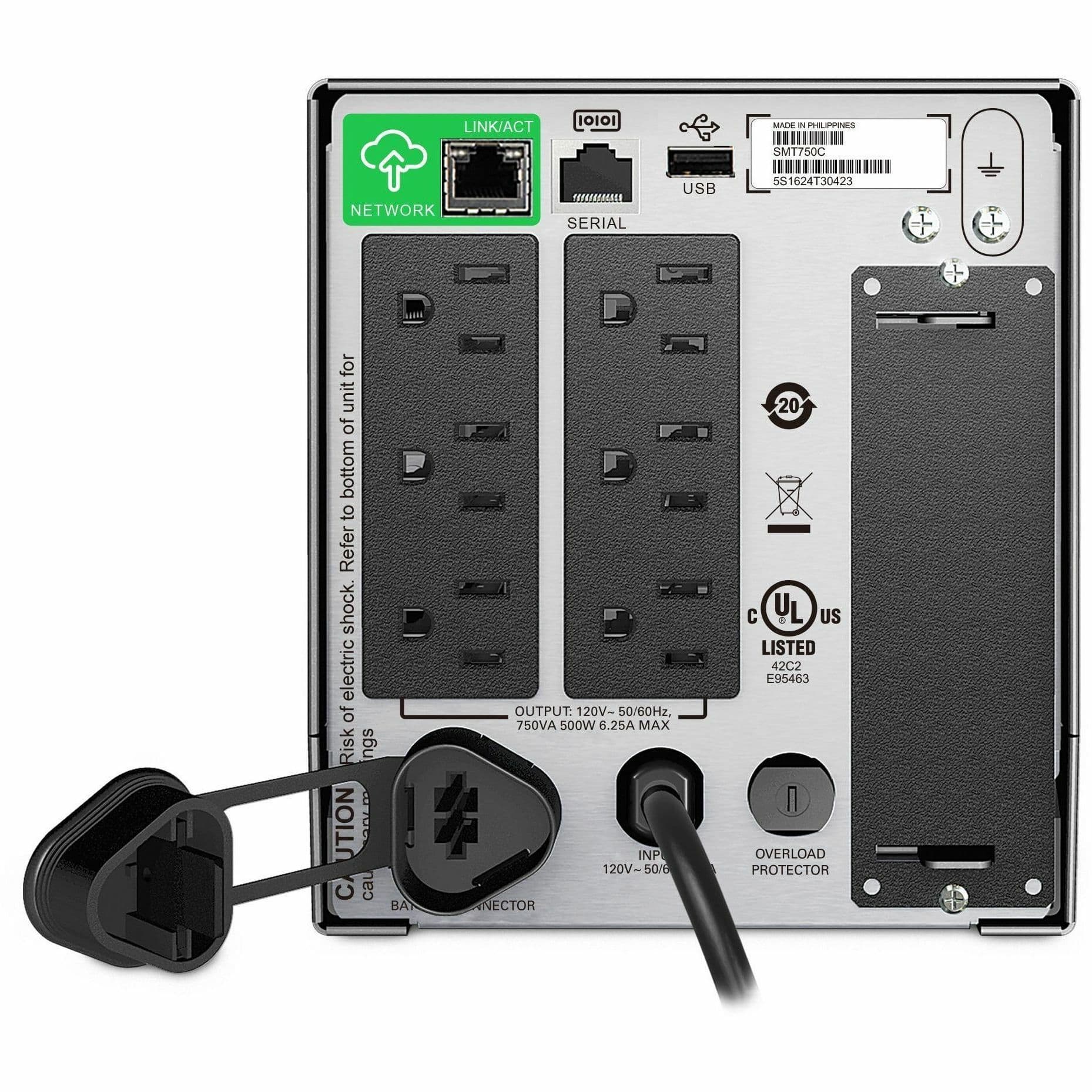 APC Smart-UPS SMT750CUS 750 VA TAA-compliant tower UPS with LCD display and six NEMA 5-15R outlets